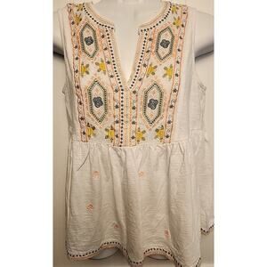 Mystree Womens Small White Embroidered Floral Top Sleeveless Cotton Boho